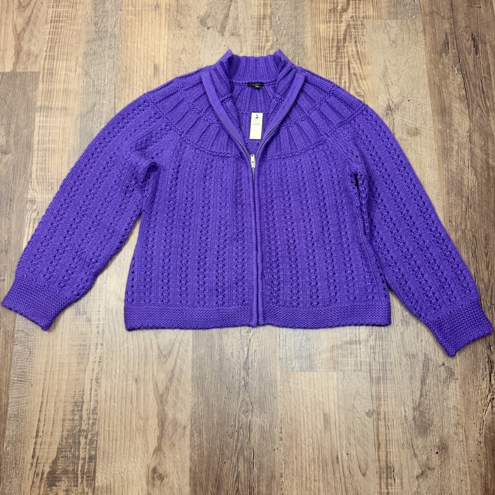 Talbots Zip Cardigan Sweater Women's L Purple Mock Neck Cable Knit Cotton Blend